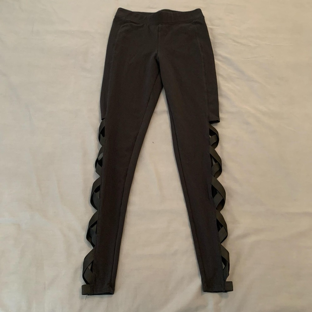 Nicki Minaj Leggings Womens XS Black Cutout Side Strap Ankle Pants Stretch